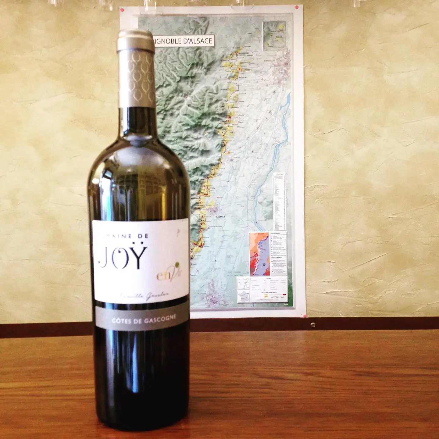 Una bottiglia di Domaine de Joy davanti alla carta dei vigneti