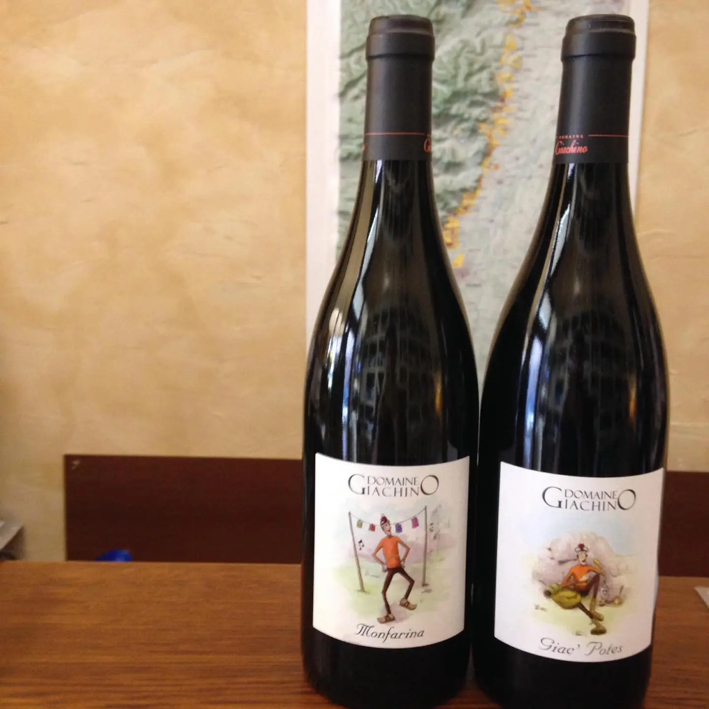 Due bottiglie di Domaine Giachino con le etichette disegnate